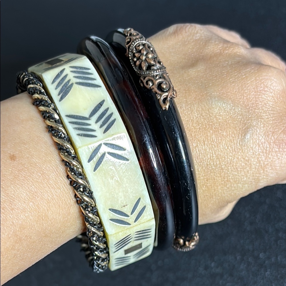 Vintage Tortoise & Metal Set of Four Stylish Bangles Bracelets Lot Bundle of 4